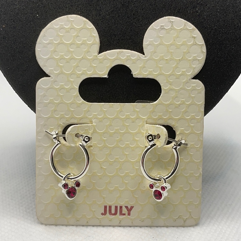 Disney parks hoop earrings, July birthstone Mickey head, NEW